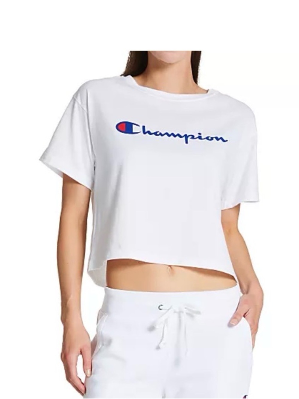 Champion oversized crop top Cream Tee with Blue Logo